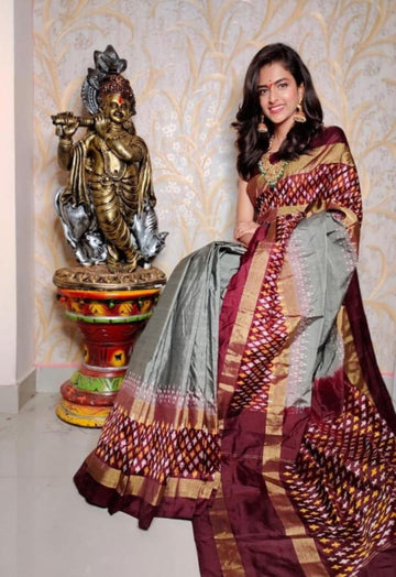 Pochampally-Ikkat-Silk-Gray-Chocolate-Sari-Weavesarees.com